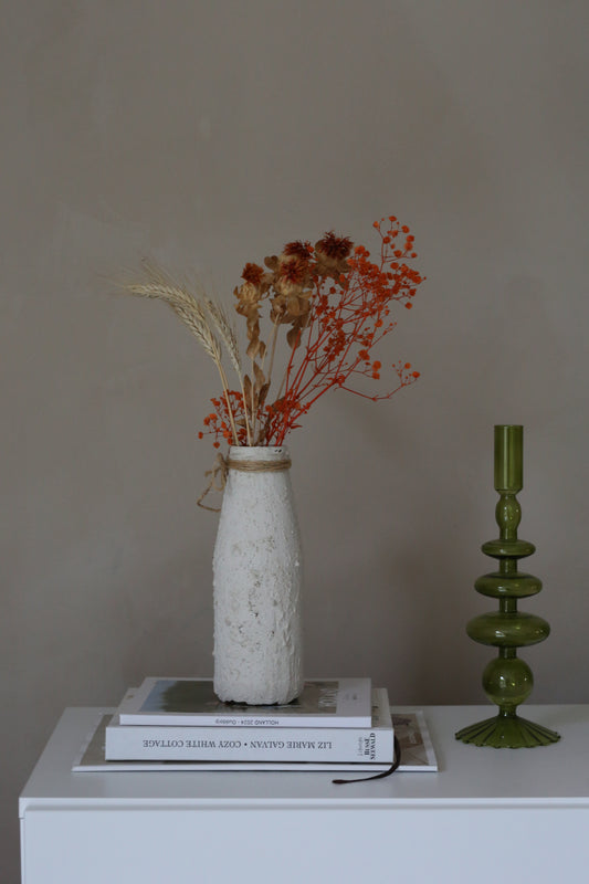 Handgemachte Blumenvase Beige mit Stein-Acryl-Streichtechnik und Trockenblumen – jedes Stück ein Unikat