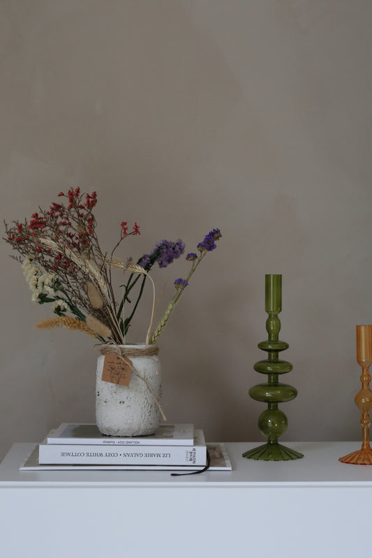 Handgemachte Blumenvase Beige mit Stein-Acryl-Streichtechnik und Trockenblumen – jedes Stück ein Unikat (Kopie)